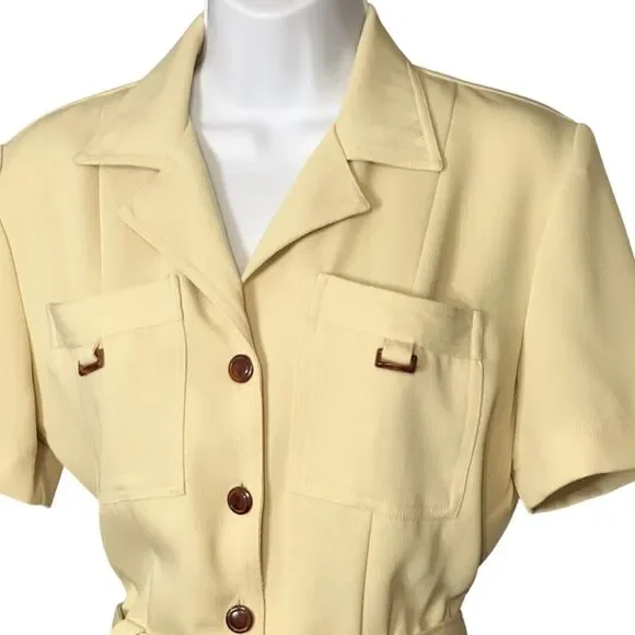 Vintage Cache Jumpsuit Dressy Pale Yellow Short Sleeve Belted Career Retro Sz 6 - Picture 4 of 11